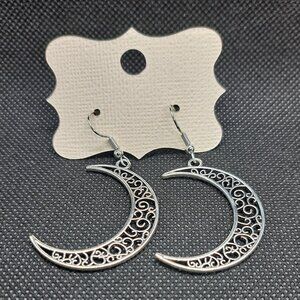 Silver Boho Tribal Moon Drop Earrings
